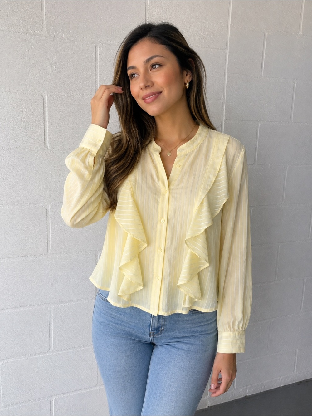 Made in Italy Tencel Ruffle Blouse Butter Yellow Long Sleeve Women’s M